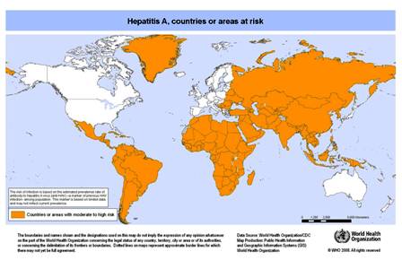 Országok és régiók, ahol magas vagy közepes szintű a Hepatiis A fertőzés veszélyeztetettség 